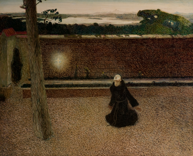 The robed figure kneels in a walled courtyard, his arms flung back and his face raised with eyes closed. An orb of light floats in front of him, next to a single tree. A landscape is visible above the courtyard wall in the background.