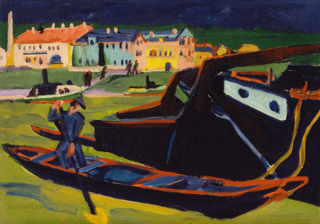 A large boat is placed in the foreground of the painting with a standing figure pushing an oar. There is a tugboat in the middle ground and a cityscape in the background. Vibrant colors, predominantly blue, greens, yellows and reds populate the canvas.