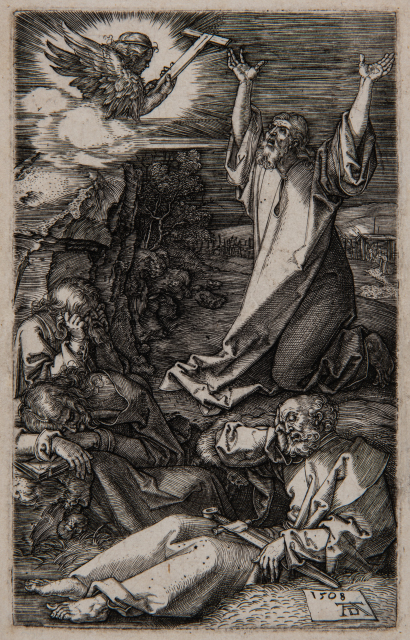 A man kneels with his arms raised in the air. His moouth is open as he gazes up toward an angel bearing a cross in the upper left corner. Three additional men are sleeping in the foreground.