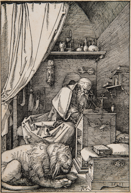 A balding, bearded figure sits reading from a wooden pult while a lion rests at his feet. His study is filled with books and other objects including scissors, jars, and a crucifix.