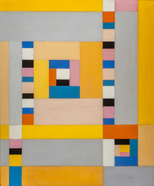 An abstract composition formed by interlocking squares and rectangles of varying sizes. The muted color palette is composed of shades of yellow, grey, orange, blue, and pink.