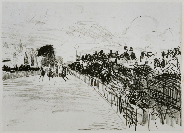 Three horses are running on a racetrack in the background of the image. An audience is seated to the right of the racetrack, rendered in gestural marks.
