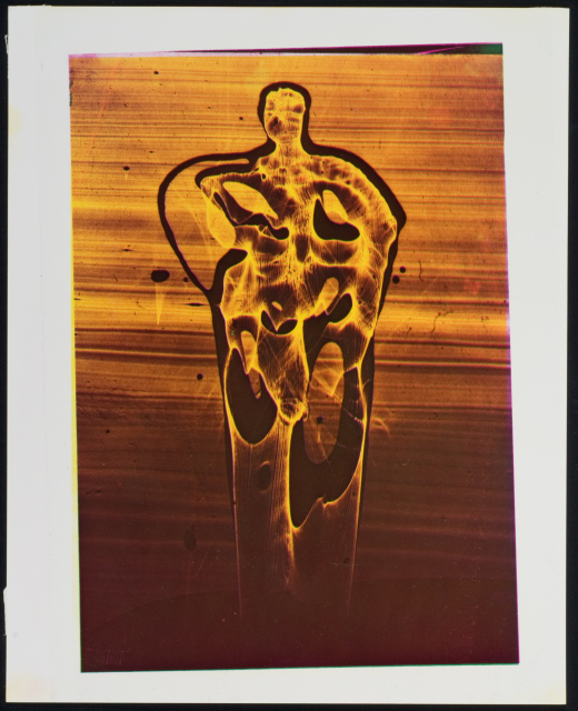 A vertical color photograph depicts an abstract form that appears as a frontal, standing figure. The dominant colors are brown, amber, and yellow, with the image beginning lighter at the top and darkening toward the bottom.