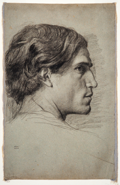 This image is a drawing of a man's head in profile, looking to the right over his shoulder and depicted from behind.