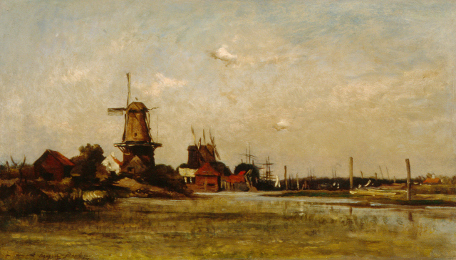 A landscape with windmills and low buildings set against a gray sky. In the foreground, the green land is interrupted by a small river that winds along the right side of the composition.