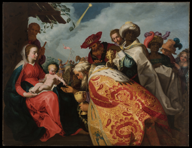 A woman is seated an infant in her lap and a man standing behind her. Three men offer the men gifts and the infant reaches out to touch the hand of the man closest to him. Other figures are gathered around them and in the background, a star crosses the sky.