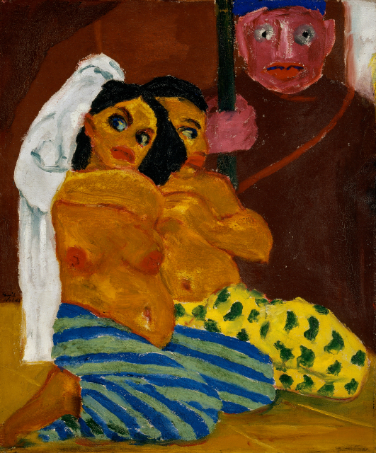 Two half-nude figures sit with their legs folded under them. One figure wears blue striped pants and is putting on a white garment, and the other wears yellow pants. A red-faced figure stands in the background.