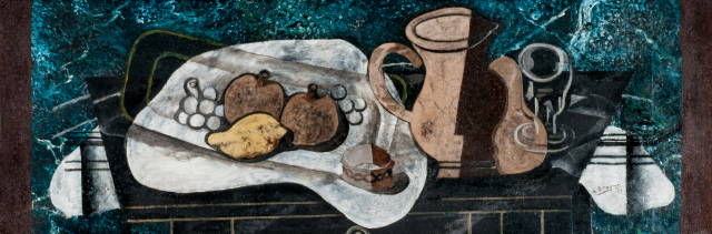 A narrow, horizontal still life depicting a pitcher, lemons, and other fruit. A transparent tray rests on top of a white napkin.