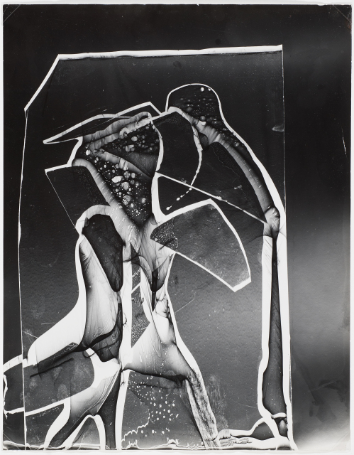 A vertical black-and-white photograph depicts an abstract biomorphic formation of a winged figure on left and tall figure with bird-like head on right inside a rectangular white shape.
