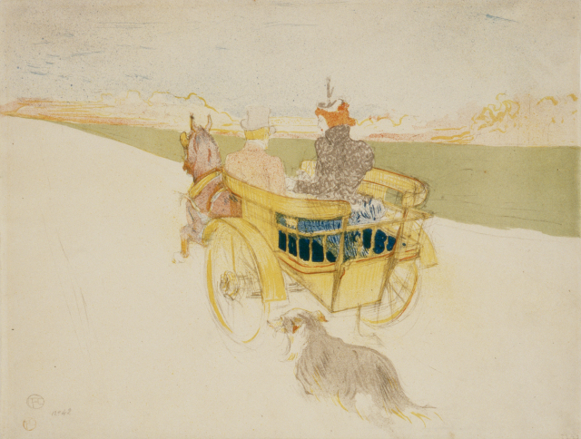 A horse pulls a yellow carriage with two passengers, a man and a woman,, traveling away from the viewer on a street that recedes into the background. A dog, possibly a collie, walks behind the carriage. A green pasture is visible to the right of the image.