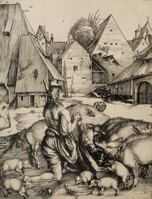 A penitent young man kneels amid a group of swine with his hands clasped as he stares in the direction of a distant church steeple. The setting is the barnyard of a ramshackle estate. Surrounding it are numerous buildings with steep gabled roofs.