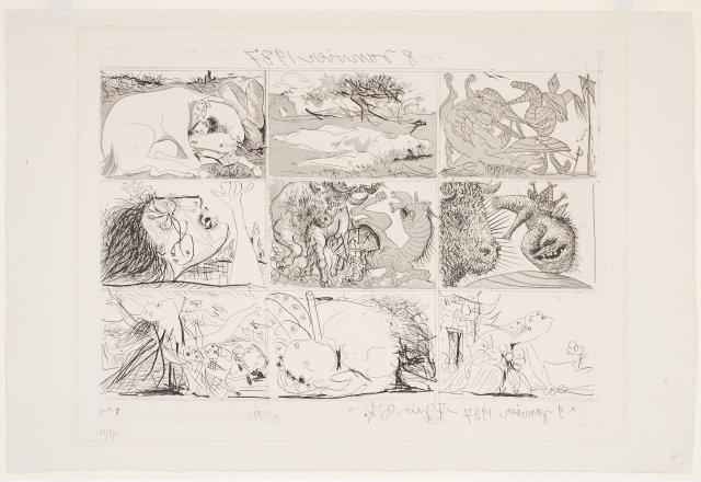 This black-and-white print features nine small images (three rows of three). A hideous and hirsute knight, is confronted by a woman grieving her son and, in the center panel and mid-left panel, is ousted by the bull. The woman continues to grieve in the bottom three panels.