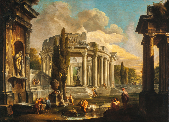 Figures are gathered around a pool of water in the foreground, surrounded by ancient ruins to both sides and in the background. Some figures are bathing in the nude while others are sitting or standing alongside the water.