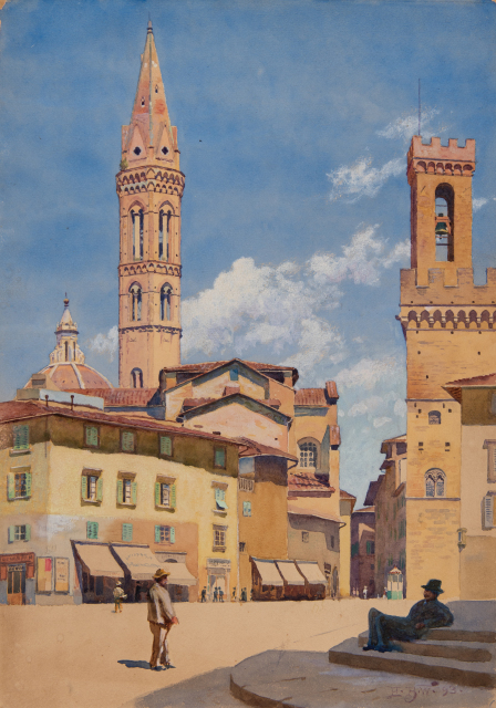 Two figures, both wearing hats, occupy a sunlit plaza in the foreground, the sky bright with afternoon light. One figure reclines on a series of low, shaded steps while the other stands on the plaza facing his direction. The dome of a church and a tall tower rise in the distance where the plaza leads into a network of narrow streets.