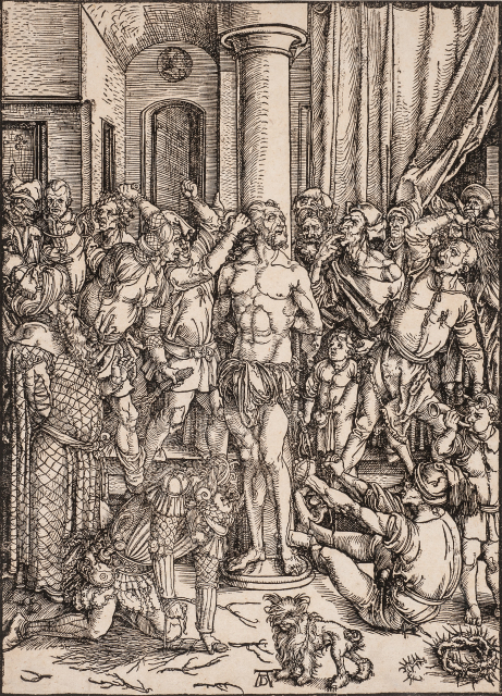 A man is strapped to a pillar in the center of the image. Other men surround him on all sides, some beating him with switches. In the foreground, two figures are on the floor next to a scruffy dog.
