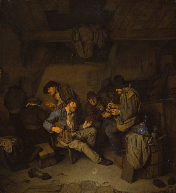 A group of men are gathered in a humble, cluttered interior to drink, smoke, and talk. The scene is lit by a single source from the top left, casting some of the men in shadow.