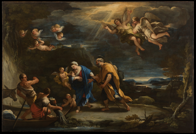 A young woman, a man, and an infant are crossing a landscape. They are surrounded by angels and cherubs, who show them the way with a beam of light from the clouds above. In the bottom left, the family is met by two men and a donkey on a boat.