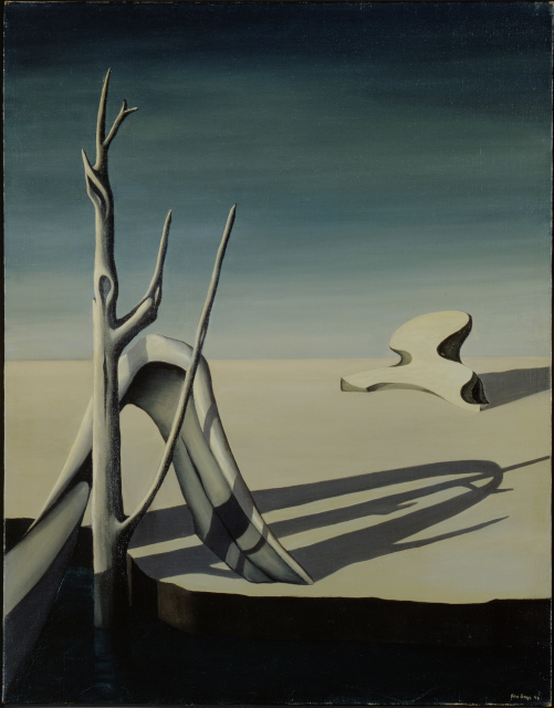 There is a dead tree in left foreground with an organic, arch-shaped form behind it and a curvlinear shape resembling a rock in the right background. There is a strong light source from the left, which produces dark shadows on the ground. The blue sky becomes darker toward the top of the canvas.