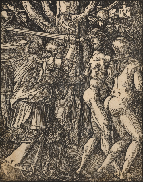 A female angel uses a large sword to help usher the two nude figures of a man and woman to the right through a dark wood. The man turns his face back toward the angel. A large apple tree dominates the background.