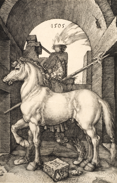A horse in profile stands in the foreground with one leg raised. A knight holding a pike stands behind, half-concealed by the horse's body. They stand beneath a barrel vault.