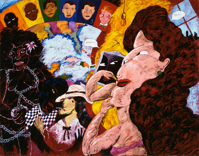 At right, a white woman puts on lipstick. A black face looks at her from a nearby mirror. At left is a black woman in chains and a small male figure. Arranged at the top, above a map of the southern United States and Caribbean, is a row of faces in a range of skin colors.