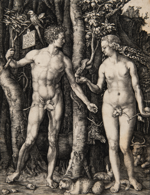 The nude figures of a man and woman stand facing each other with their gentalia covered by leaves. The woman brandishes a piece of fruit, while the man extends his left arm toward her and holds a branch of ash occupied by a parrot.  Miscellaneous animals populate the scene, including a snake, cat, mouse, ox, stag, and goat.
