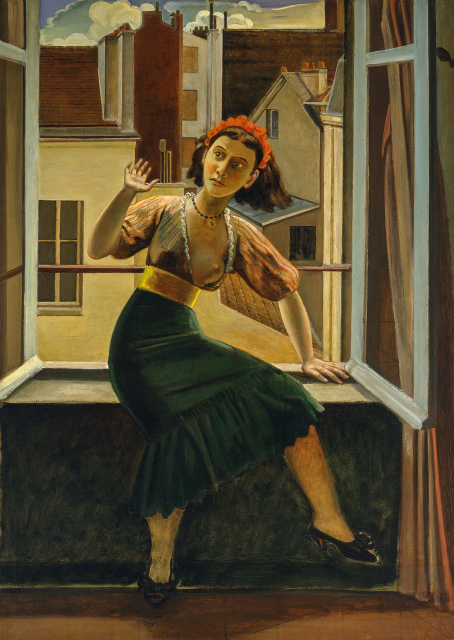 A young girl with one breast bared is seated on window sill. She leans on one arm with the other upraised in front of her. A view of a cityscape, composed of monumental, geometric forms, is visible through the window.