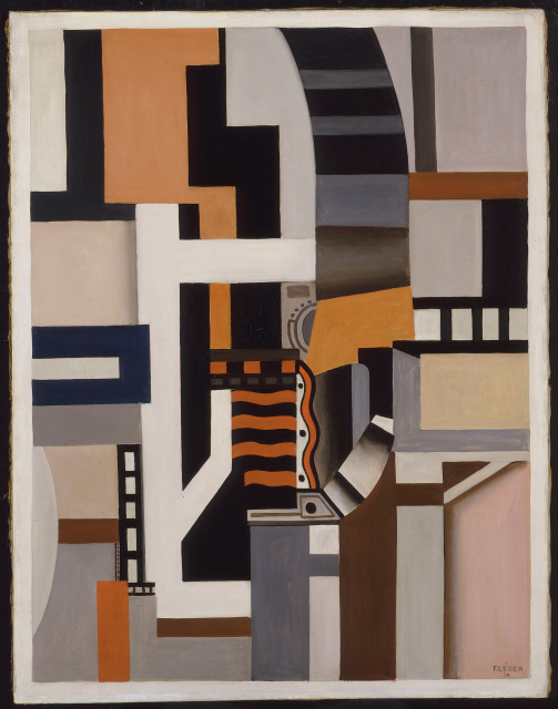 An abstract composition with geometric shapes in brown, white, orange, gray, and black. The geometric shapes are lines, rectangles, and squares. They intersect with each other.