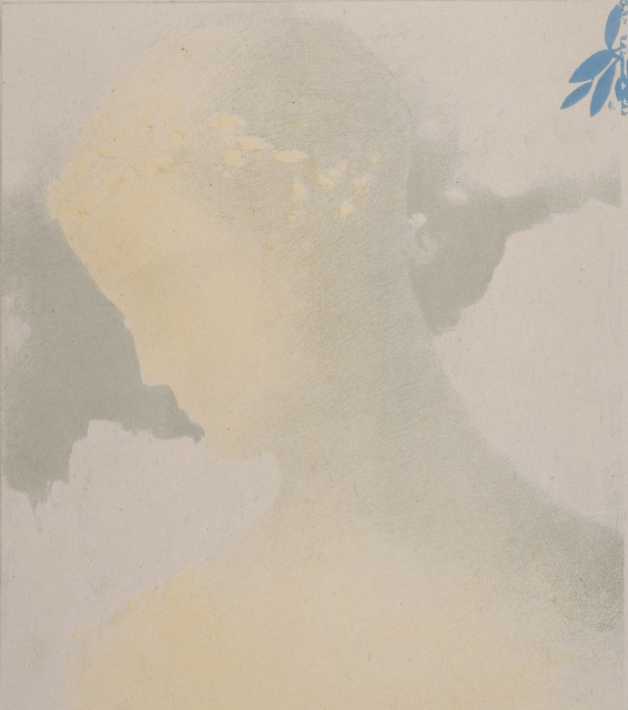 Colorful image depicting a bust of a female figure, her face in profile and her figure in silhouette. Her hair is pulled back and she is possibly wearing a laurel crown. In the upper right corner is a small twig with a few leaves.