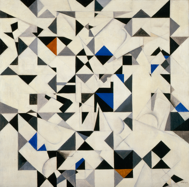 Geometric composition featuring intersecting squares, triangles, and other geometric shapes. Black and white are the predominant colors, but a few shapes are blue or orange.