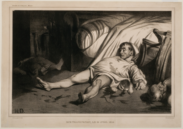 A dead man lays on the ground at the side of a bed. The man lies on top of an infant, whose head is wounded; a stream of blood issues from the infant. Other dead figures are visible to the left and right of the main figure.