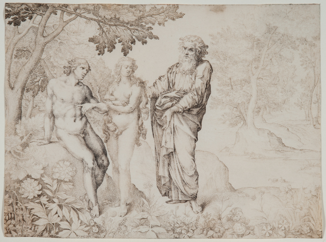 A nude man sits on a rock under a tree on the far left with a nude woman with long hair to his left. An older, bearded man in a long robe near the center of the composition addresses them. There are flowers in the lower foreground and more trees in the far right background.