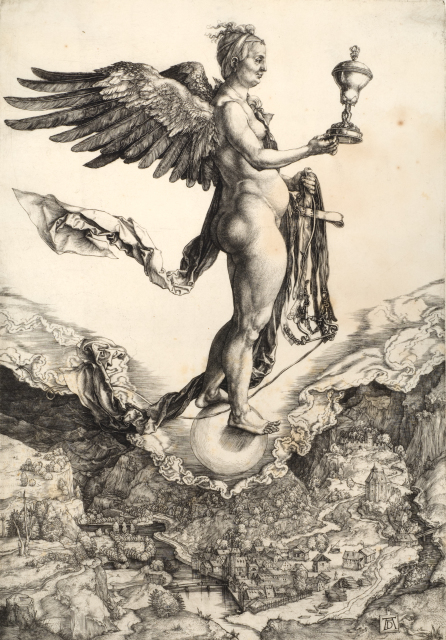 A winged female nude seen in profile balances on a ball in mid-air. She holds a bridle and cup, both traditional tools of retribution. Drapery flies out to the left. Below is a detailed cityscape with a small cluster of buildings on the river and a bridge, surrounded by dark mountains.
