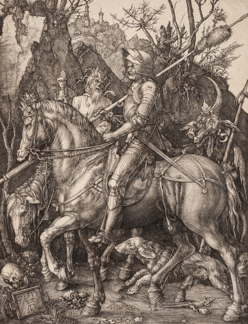 A knight riding his horse encounters two threatening figures on a narrow cliffside path. One, a devilish creature with goatlike features, trails behind the knight; the other is a robed skeletal figure representing death, who turns up alongside him carrying a sandglass.