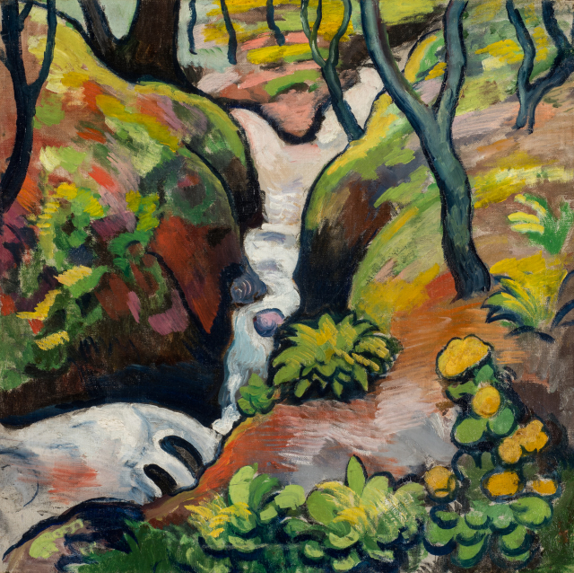 A  stream in a hilly forest. Dark trees along banks. Ground painted in shades of orange, yellow and yellow-green, with a few scattered patches of pinks. Ice blue stream divides the composition in the center.