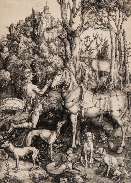 A man in hunting dress kneels before a stag between whose antlers a crucifix has emerged. Standing nearby is his horse, as well as several dogs resembling greyhounds. A hilltop fortress is seen in the background.