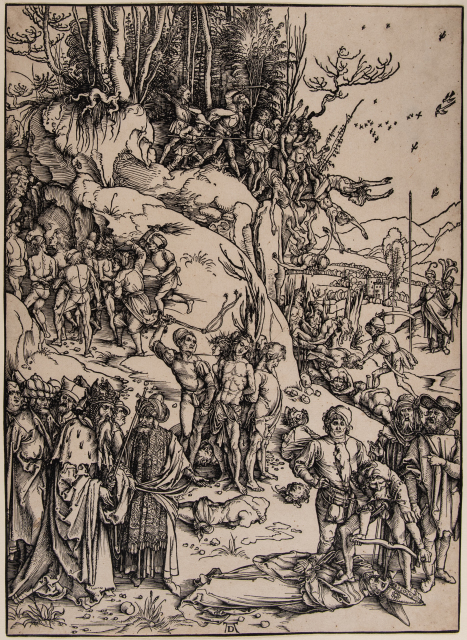 A ruler and his entourage, seen in the lower left foreground, observe a large-scale massacre being systematically conducted in the countryside. A large train of people are forced to jump from a cliff; others are flogged to death or decapitated.