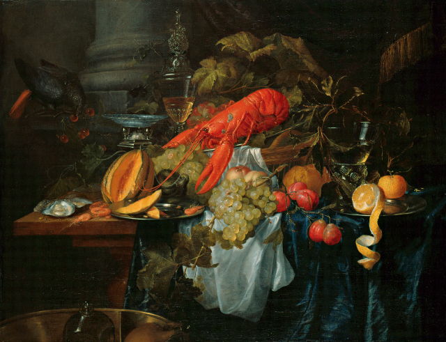 A still life composed of a lobster, grapes, melon, oranges, shellfish, and a gleaming silverware set on a table fills most of the painting. The surrounding canvas is dark.