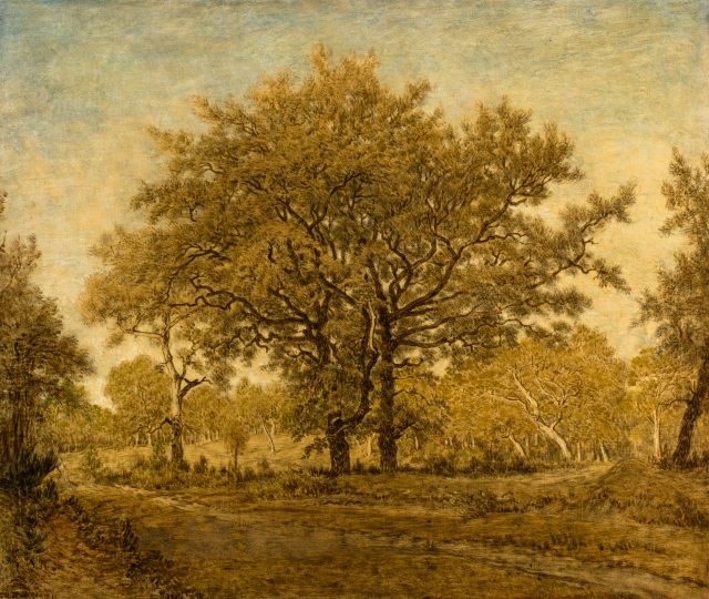A landscape rendered in soft greens, yellows, and browns. There are two large trees at the center of the composition.