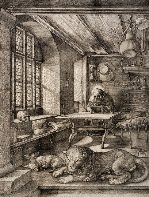 A balding, bearded man sits at a desk in a light-flooded interior, while a lion and dog doze in the foreground.  In addition to a skull on the window ledge, various other objects are scattered throughout the composition, including a straw hat, an hourglass, and a conspicuous gourd hanging from the ceiling.