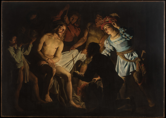 A man sits at the center of the composition, encircled by six figures. A single source of light illuminates the man's face and bare chest. The other figures are cast in partial or complete shadow.