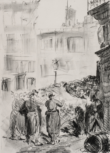 Figures are clustered near a barricade on a city street. One group of men stand with their backs to the viewer, their arms raised as if firing guns at the disorganized group of figures in front of them.