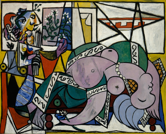 At the left, an artist paints at an easel. A purple-hued model reclines on a couch in the foreground. There are vivid colors and bold shapes throughout this composition.
