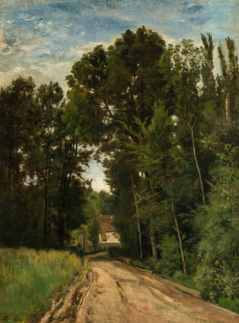 An unpaved road opens up at the center of the composition, with trees on both sides. A small, country house is visible at the road's end in the distance. The composition is rendered in mostly blues, greens, and browns, with fairly loose brushstrokes.