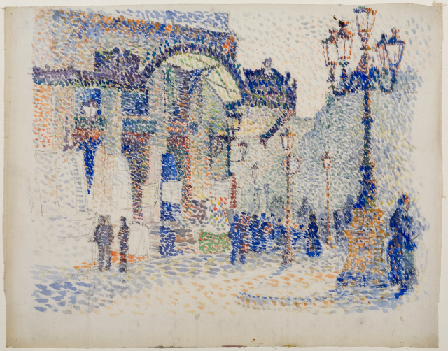 This image is a cityscape with blue and beige figures walking and standing near buildings with high walls. A large lamp posts stands prominently in the right foreground. The scene is rendered in small dots of colors.