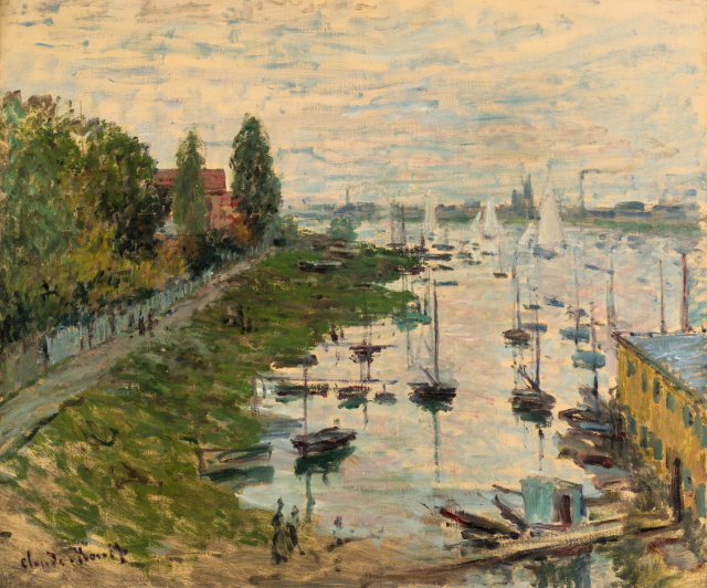 A view of a river from above with a riverbank on the left side of the painting and sailboats coming into and leaving the port on the right side. In the distant background, there are factory buildings and a tall smoke stack. The composition is rendered in small, loose strokes of paint and the sky blurs with the river at the horizon line.