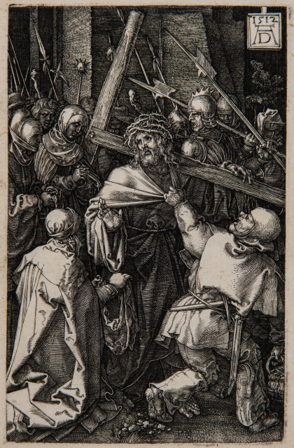 A man wearing a crown of thorns carries a large wooden cross amid a crowd of armed soldiers and onlookers. A man grabs at his robes pulling him forward. A woman is seen on the left from behind kneeling and holding a veil.