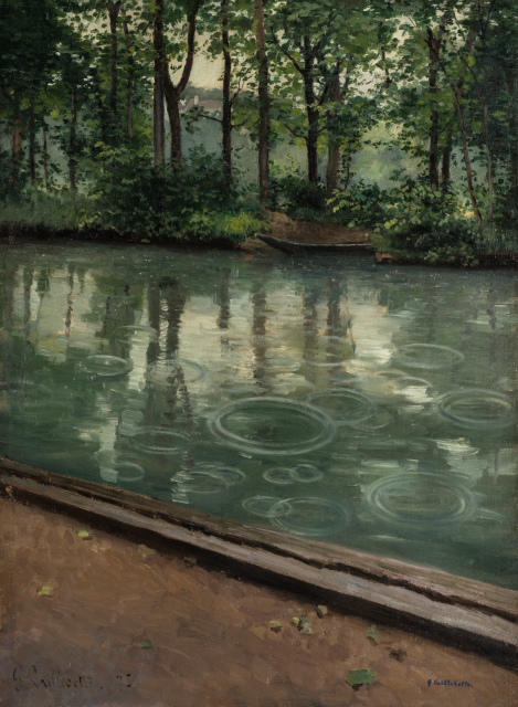 A river runs diagonally across the center of the canvas with a dirt path in the foreground and trees in the background. Raindrops are falling, creating concentric circles on the surface of the water. We are standing on the dirt path and directly across from us, a canoe is docked on the opposite riverbank.