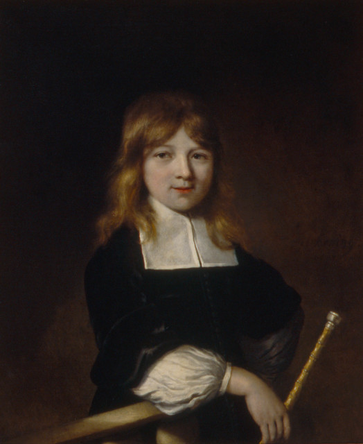 The portrait depicts a young boy dressed in black with shoulder-length brown hair. His left arm is at his side while his right arm is propped over a beam while he holds a long object. He stares directly at the viewer.