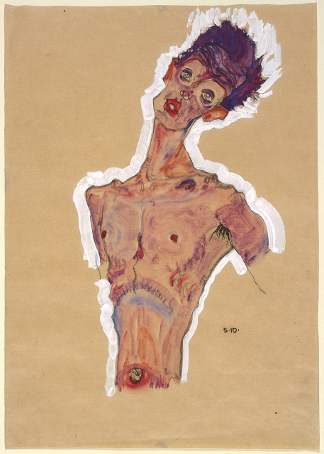 This image is a portrait of a nude male figure, his head leaning to the side, and his body terminating at the waist and at the upper arms. The edges of the figure are surrounded by a thick white ink. The figure is rendered in naturalistic colors as well as purple and pink tones.